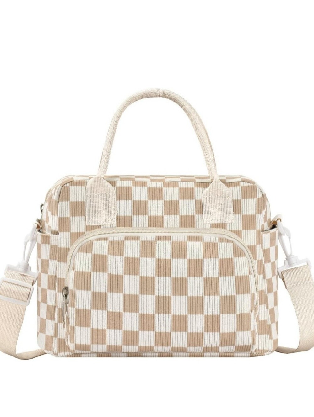 Insulated Lunch Box. Checker Print Women’s Carry Pouch - Beige and Cream